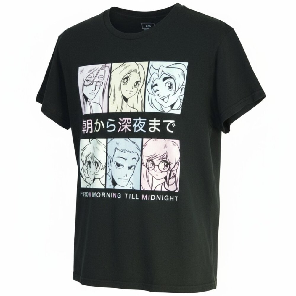Japanese Anime From Morning Till Midnight Themed Men’s Black T-Shirt Size Large
